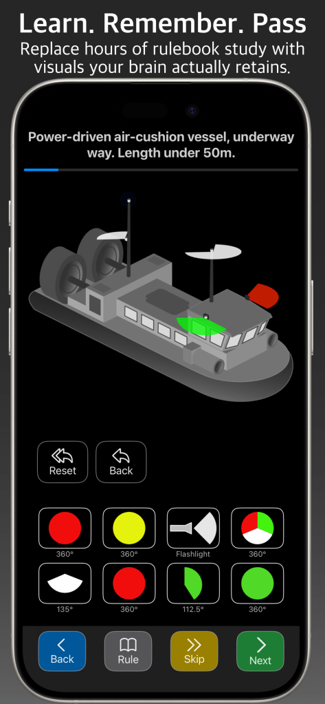 Master-Nav COLREGS screenshot showing interactive vessel lights learning