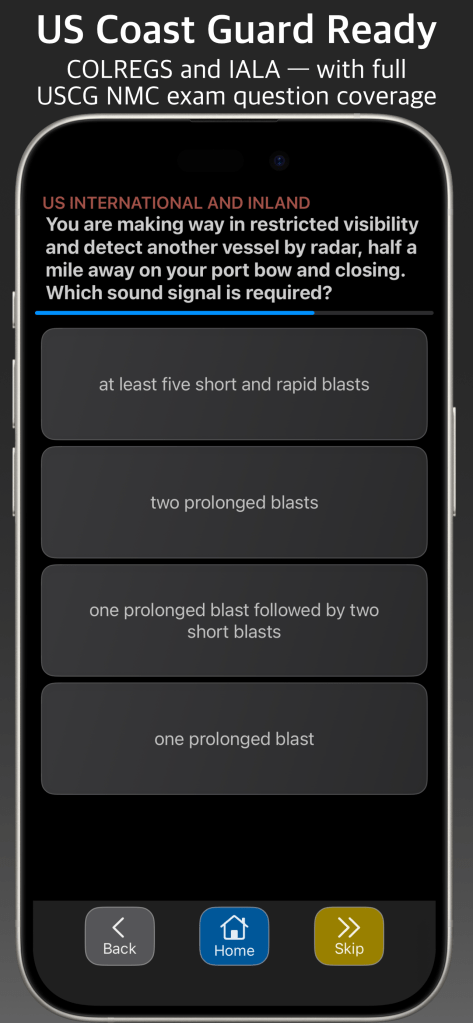 Master-Nav Tests screenshot showing COLREGS sailing vessel questions