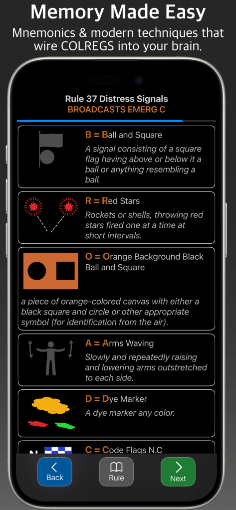 Master-Nav COLREGS screenshot showing mnemonics and memory aids